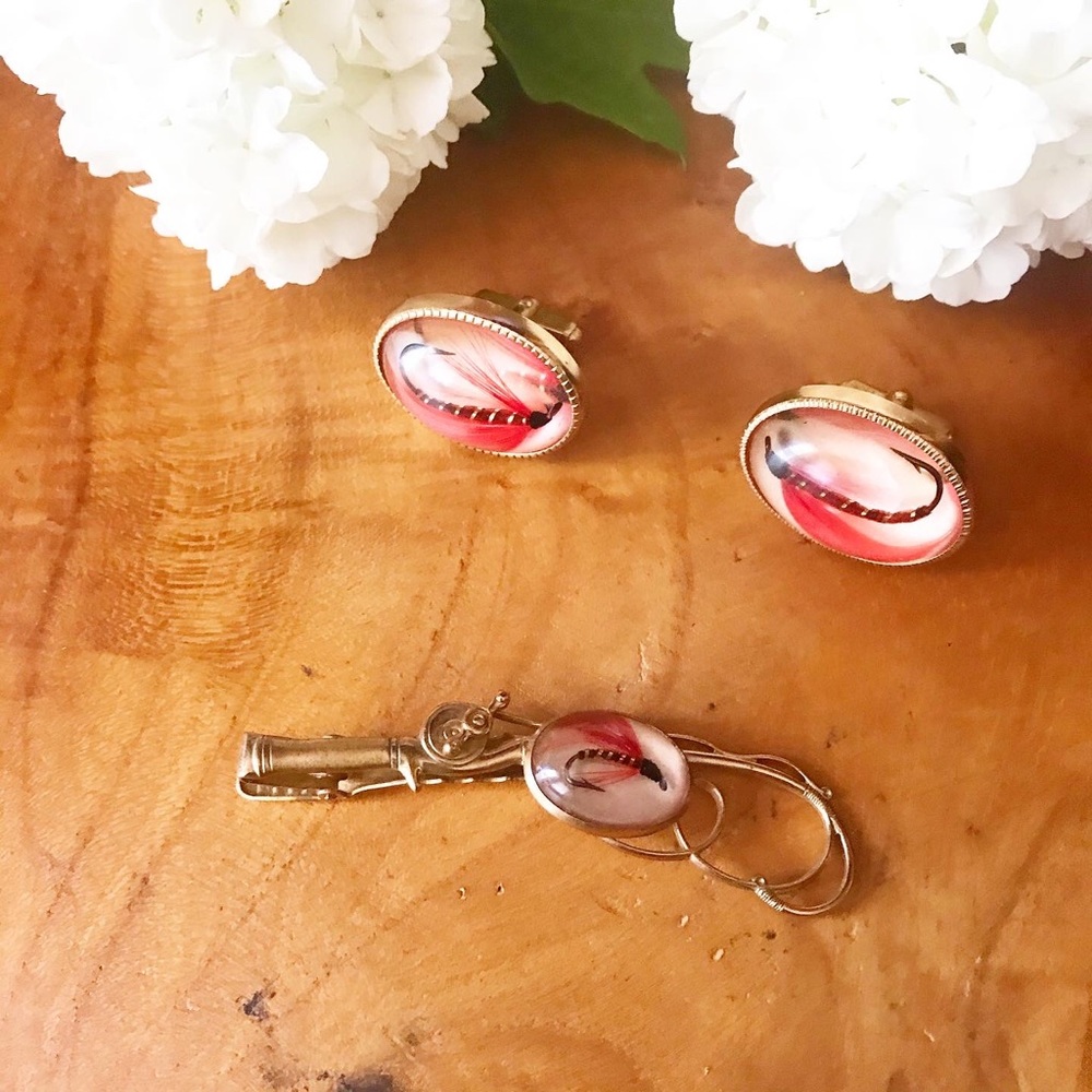 1950’s Anson Fly Fishing Tie Bar Cuff Links Set Gem